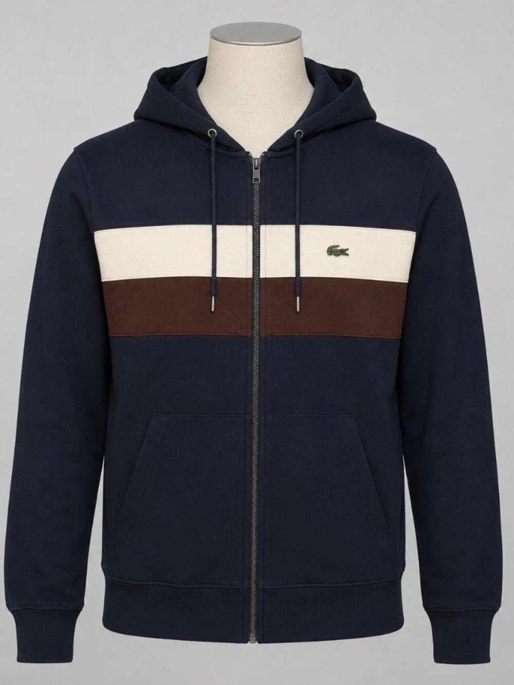 NWT Lacoste Zipped Color Block Hoodie Unisex 5 / Large - NAVY BLUE / WHT / BRWN